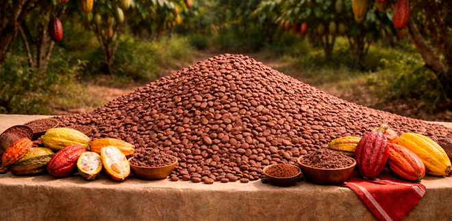 Montículo de granos de cacao peruano con mazorcas frescas en plantación, representando la producción y exportación de cacao fino.