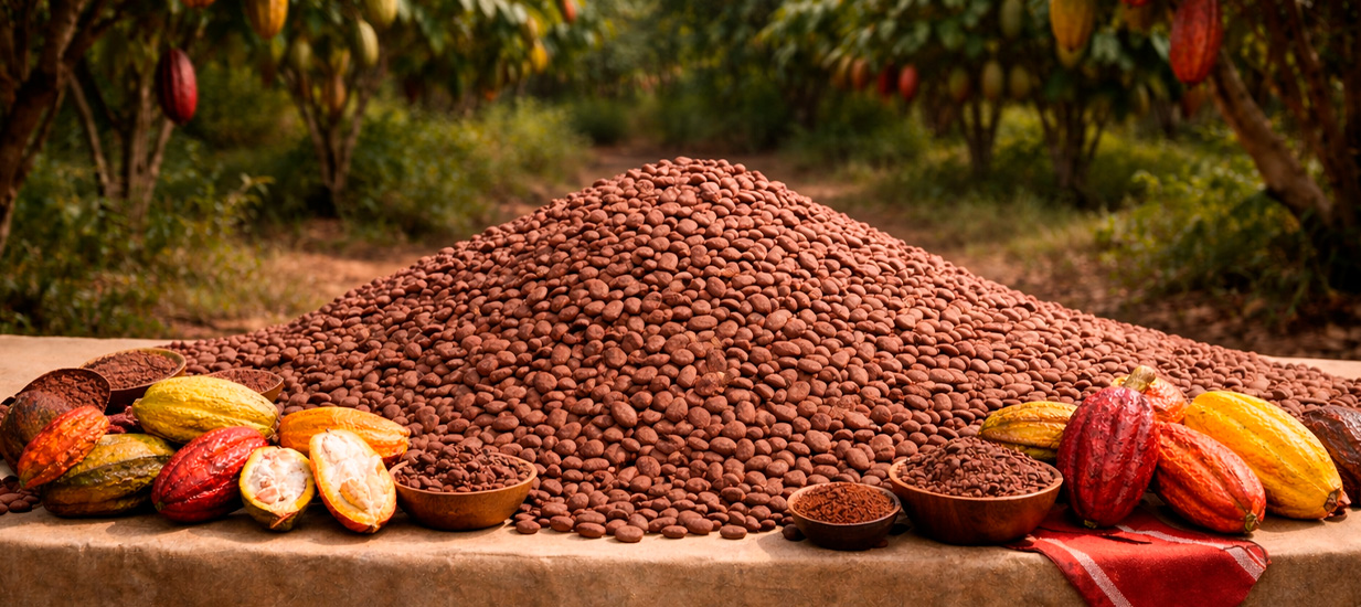 Montículo de granos de cacao peruano con mazorcas frescas en plantación, representando la producción y exportación de cacao fino.